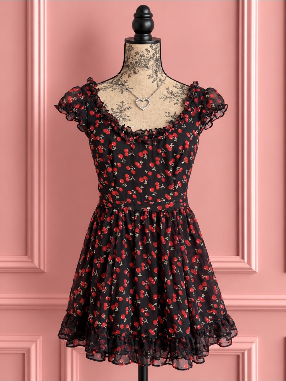 Vintage Tripp NYC Black Chiffon Cherry Print Ruffle Dress Size XS